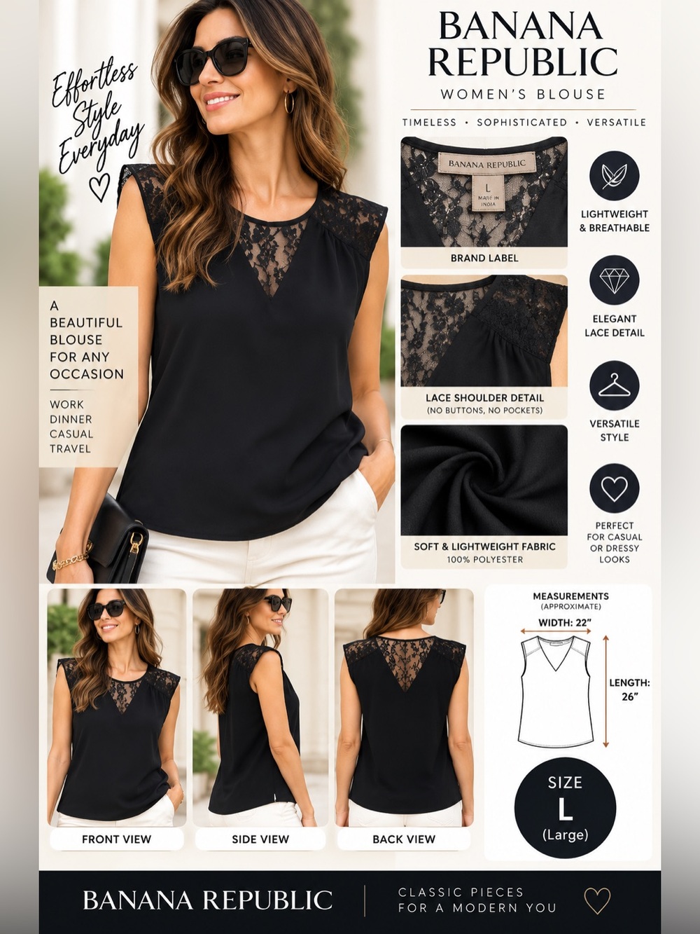 Banana Republic Women’s L Black Lace V-Neck Sleeveless Blouse Lightweight
